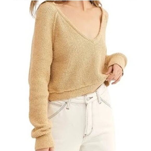 Free People- Camel Cotton V Neck Cropped Sweater- Size Large - Picture 2 of 11